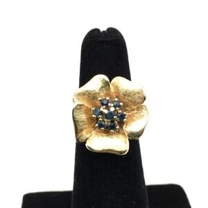14K Yellow Solid Gold Women's Flower Ring with Sapphires Size 5